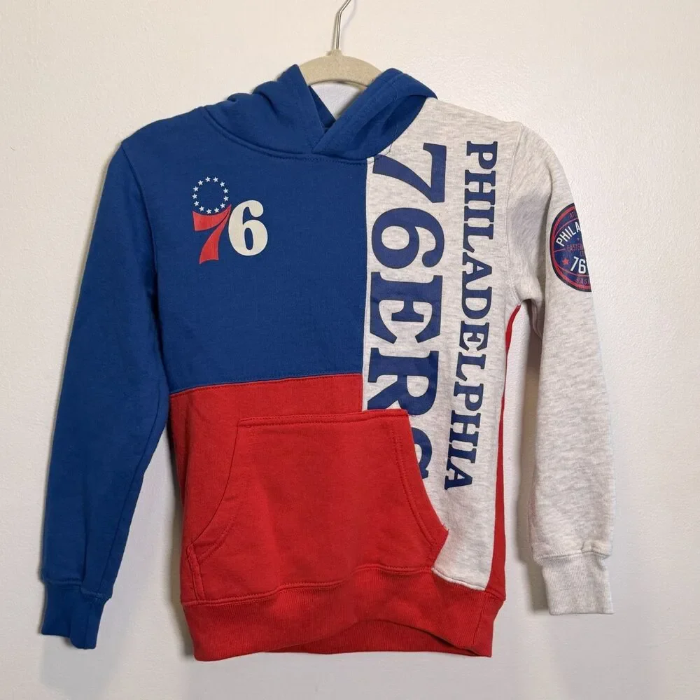 Philadelphia 76ers Youth Hoodie 140-150cm Red Blue Gray Colorblock NBA Sixers